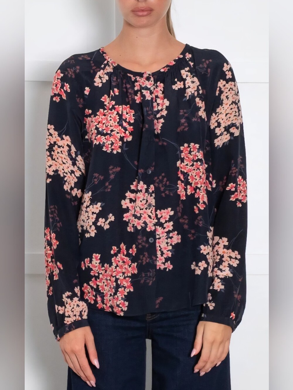 Rebecca Taylor Silk Blossom Print Floral Blouse sz 2 Navy Pink White